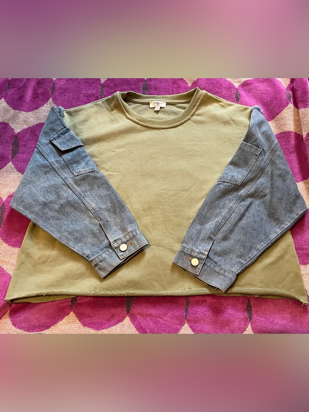 Denim Sleeve Mixed Media Sweatshirt - Picture 2 of 12